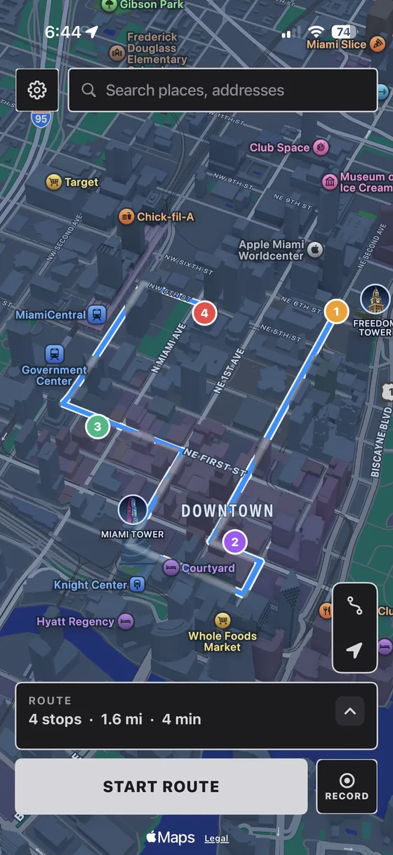 A four-stop route drawn across downtown Miami on the PinDrift iPhone app
