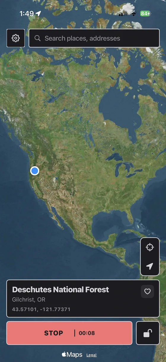 A live session. The location on the left is what Life360 and every other app reads; the timer is how long it has been held.