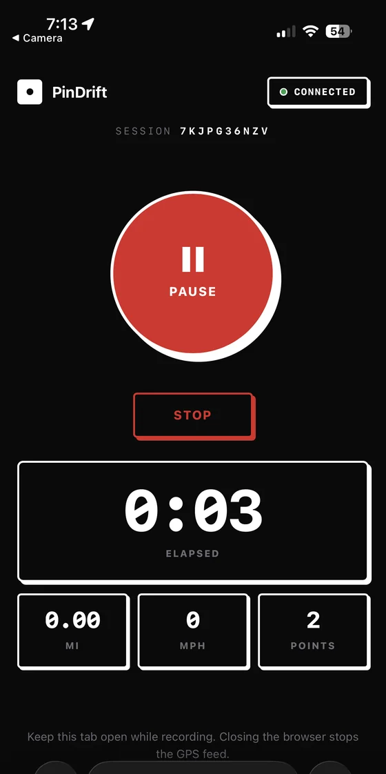 PinDrift record screen on iPhone showing elapsed time, distance and speed