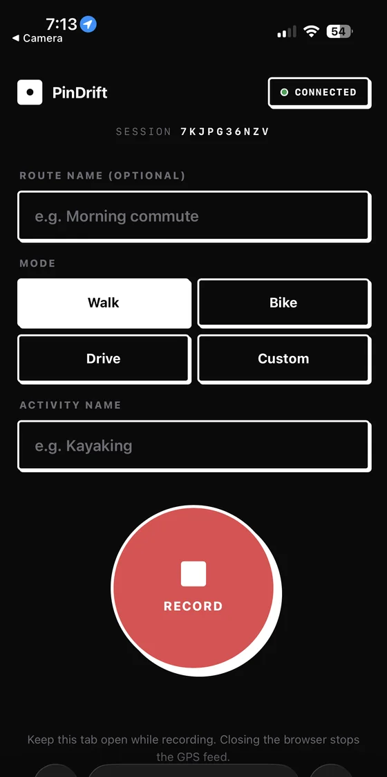 PinDrift record screen on iPhone with Walk, Bike, Drive and Custom modes